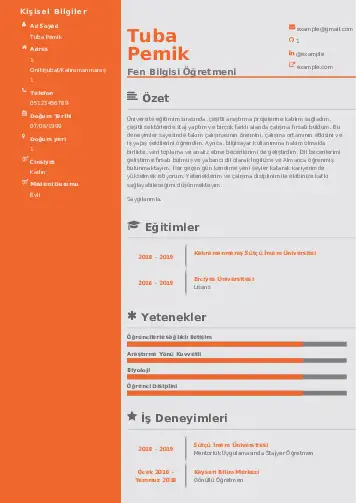 Fen Bilgisi Öğretmeni CV Örnekleri cv indir